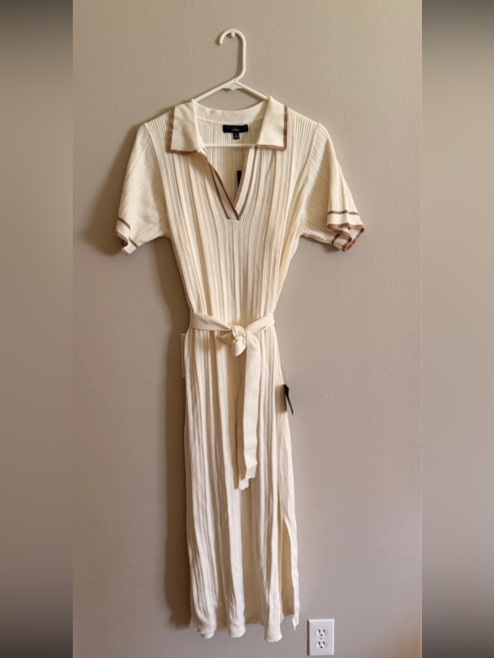 Lulu's Cream Ribbed Polo Maxi Dress with Brown Trim and Tie Belt